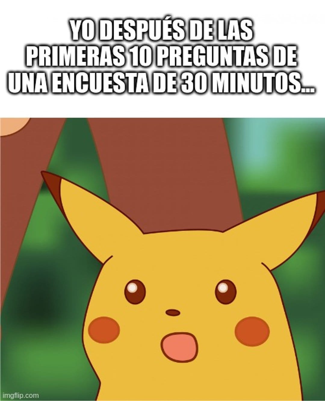 Meme de Pikachu sorprendido, con el texto 'YO DESPUÉS DE LAS PRIMERAS 10 PREGUNTAS DE UNA ENCUESTA DE 30 MINUTOS...', representando el sentimiento de sorpresa o agotamiento tras responder muchas preguntas en una encuesta extensa.