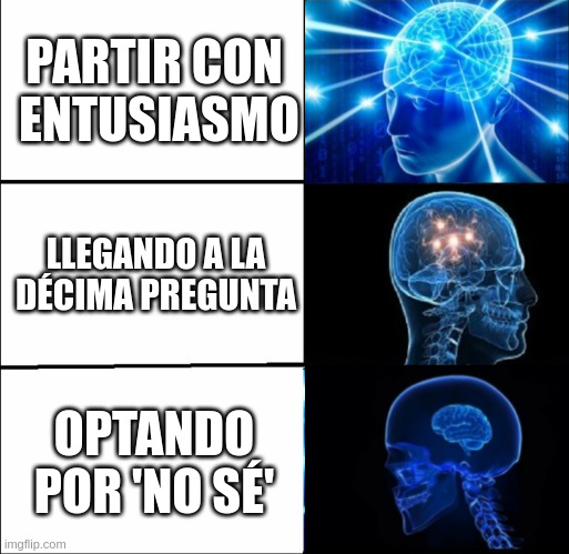 Meme de evolución cerebral con tres etapas. En la primera etapa, una imagen de un cerebro iluminado con el texto 'PARTIR CON ENTUSIASMO'. En la segunda, el cerebro comienza a perder energía, con el texto 'LLEGANDO A LA DÉCIMA PREGUNTA'. En la tercera etapa, el cerebro es pequeño y sin energía, con el texto 'OPTANDO POR 'NO SÉ''.